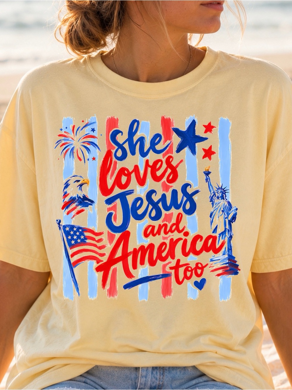 NEW! Custom Made She Loves Jesus and America Tee - Yellow